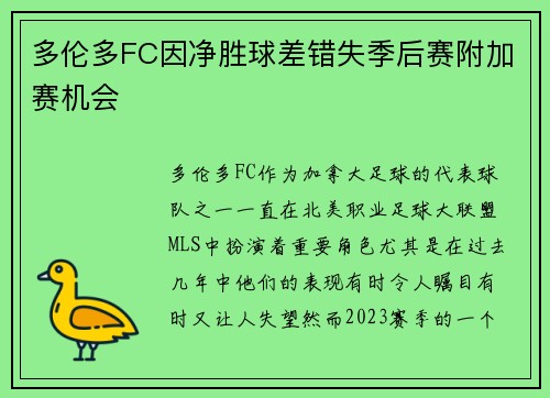 多伦多FC因净胜球差错失季后赛附加赛机会
