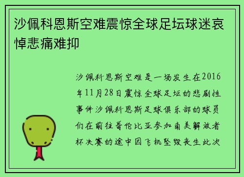 沙佩科恩斯空难震惊全球足坛球迷哀悼悲痛难抑
